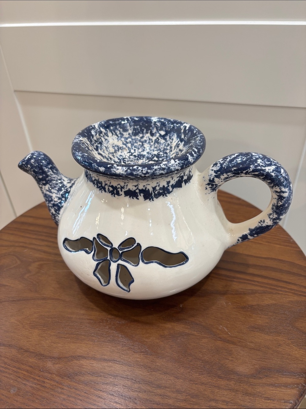 Ceramic Blue and White Speckled Decorative Teapot Candle Warmer